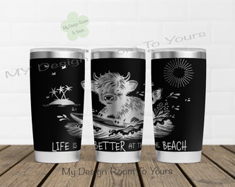 Beach Surfing Highland Cow 20oz Tumbler Laser File, Beach 20oz Tumbler Laser Engraving Wrap, Summer 20oz Laser Engraved SVG Laser Engraved