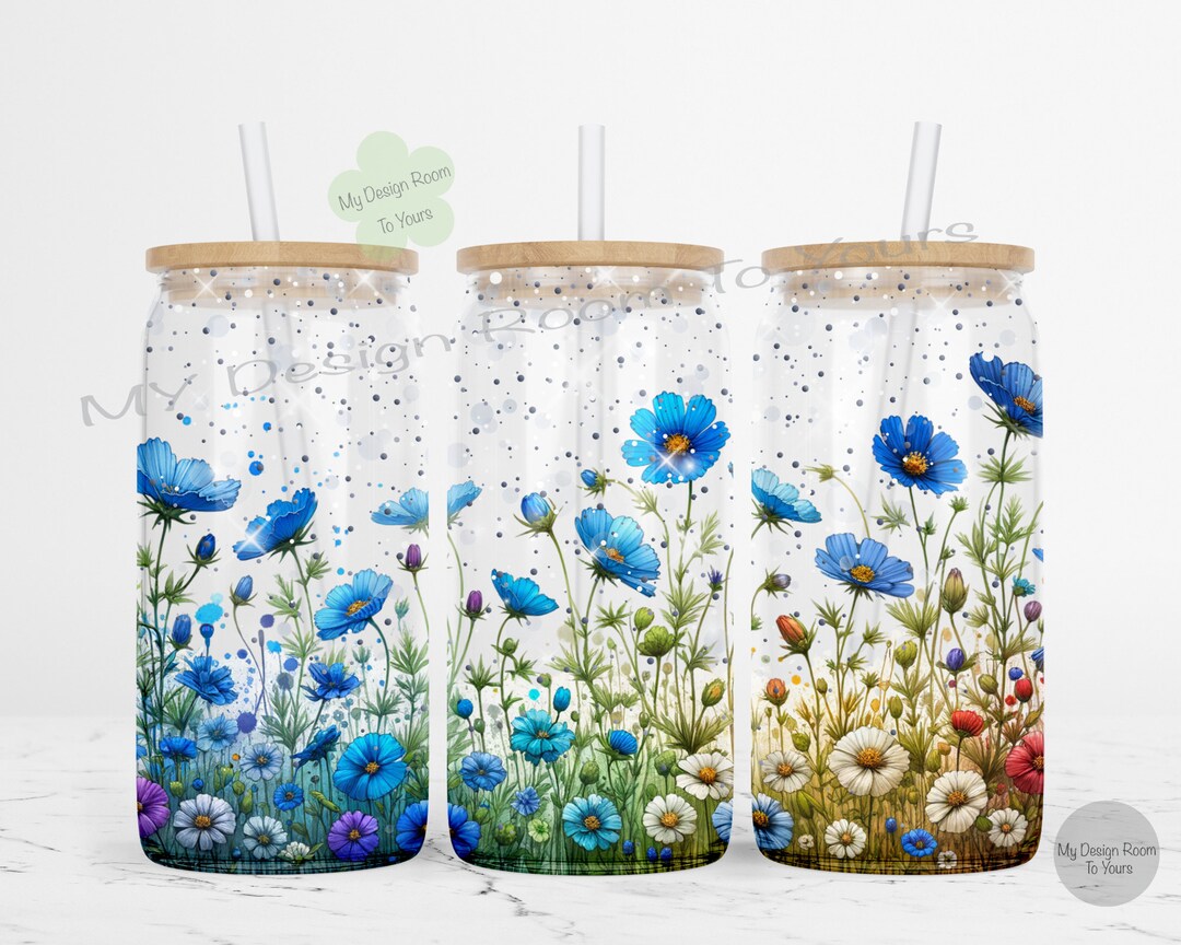 Blue Flowers 16oz Libbey Glass Wrap, Flower 16 Oz Glass Can Wrap PNG ...