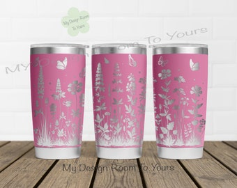 Butterfly & Wildflowers 20oz Tumbler Laser File, Wildflower 20oz Tumbler Laser Engraving Wrap, Butterfly 20oz Laser Engraved SVG, Tumbler