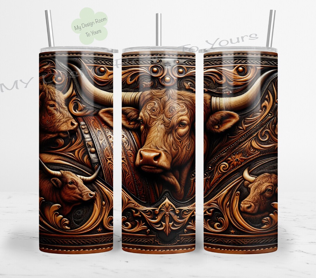 Western Cow Leather Tooled Cowhide 20 Oz Skinny Tumbler Sublimation ...