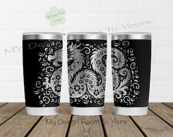 Dragon 20oz Tumbler Laser Wrap, Dragon 20oz Tumbler Laser Engraving Wrap, Flower Dragon 20oz Laser Engraved SVG, Dragon Tumbler Wrap SVG