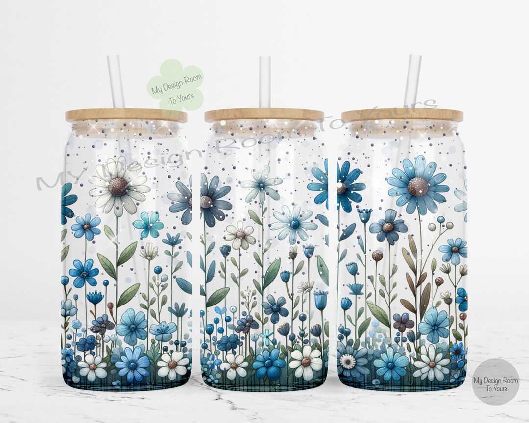 Blue Flowers 16oz Libbey Glass Wrap, Flower 16 Oz Glass Can Wrap PNG ...