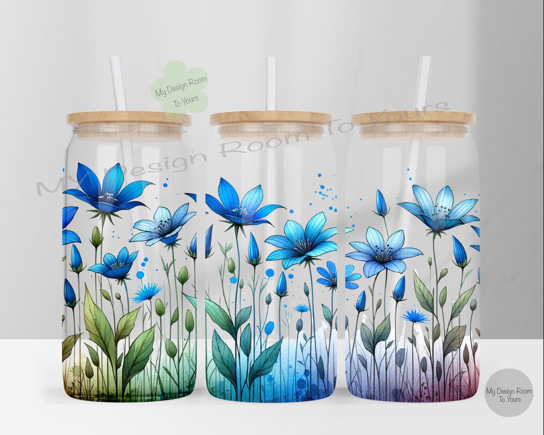 Blue Flowers 16oz Libbey Glass Wrap, Flower 16 Oz Glass Can Wrap PNG ...