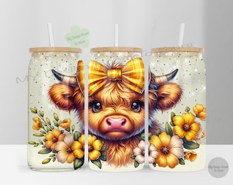 Highland Cow 16oz Libbey Glass Wrap, Yellow Highland Cow 16 Oz Glass Can Wrap PNG, Glass Tumbler Wrap, Glass Can Sublimation Wrap, Cow PNG