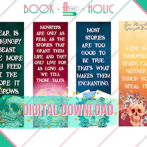 May include: Four digital bookmarks with quotes and skull illustrations. The bookmarks have dark teal, burgundy, navy blue, and orange backgrounds. Text includes "Fear is a hungry beast," "Monsters are only as real," "Most stories are too good to be true," and "Love is immortal."
