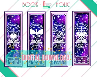 Tarot Inspired Galaxy Book Genre Digital Bookmarks | Printable Set for Romance, Fantasy, Sci-Fi, Horror & Mystery Readers