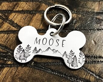 Low Alpine Hand Stamped Pet ID Tag Dog Cat Horse mountain pine tree handstamped custom collar silver gold brass copper steel metal
