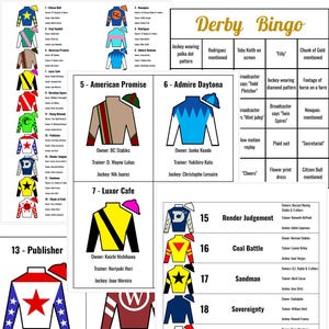 May include: A bingo card with the names of horses and their jockeys for the Kentucky Derby. The card has 20 squares with the names of the horses and their jockeys. The card also has a few squares with other related terms, such as "Filly" and "Chunk of Gold mentioned".