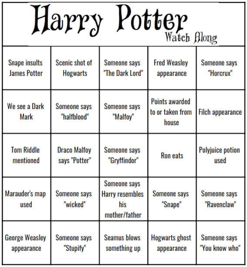 Harry Potter Watch Along Bingo 30 cards | Etsy