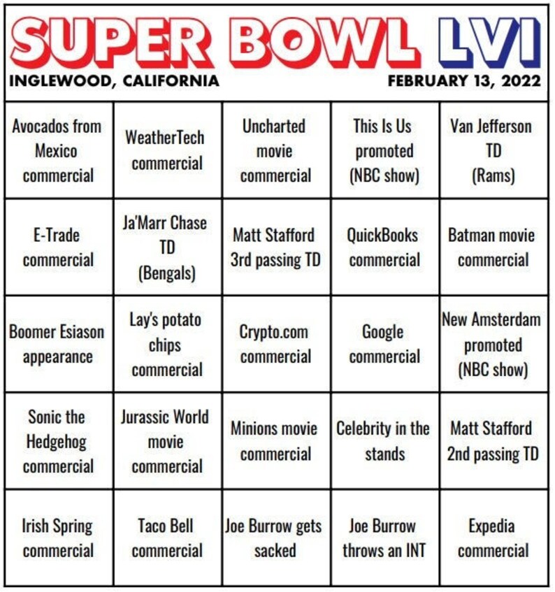 Super Bowl 56 Bingo Cards 2022 30 Cards Etsy