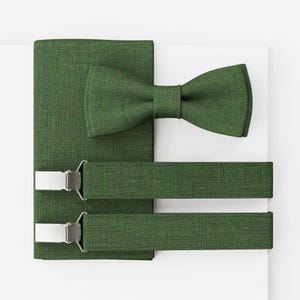MAY-TIE Men’s Bow Tie Set | Vegan Wedding Bow Tie | Green Linen Bow Tie | Optional with Pocket Square & Suspenders