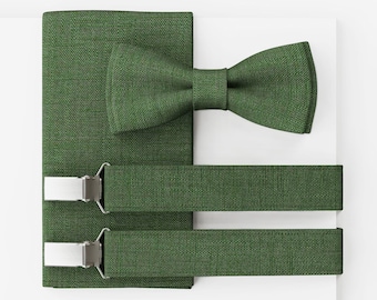 MAY-TIE Herrenfliege Set | Hochzeitsfliege vegan, modern | Leinen Fliege Grün | Optional mit Einstecktuch & Hosenträger