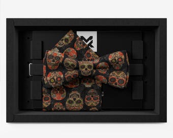 Men's Bow Tie Set, Cork Black Sugar Skull, with Pocket Square and Holder, Alternative Wedding