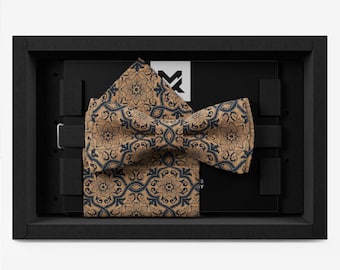 Men's Bow Tie Set Wedding, Cork Baroque Floral Blue, with Pocket Square and Holder, Elegant