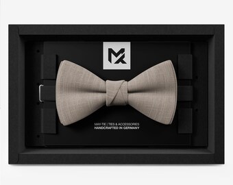 Linen Bow Tie Grey Beige for Men | Vegan Linen Wedding Bow Tie | Butterfly in Self-Tie Look | Wedding & Business | Handmade