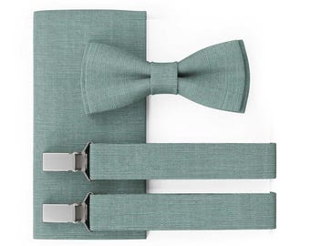 MAY-TIE Men’s Bow Tie Set | Vegan Pre-Tied Wedding Bow Tie | Eucalyptus Green Linen Bow Tie | Optional with Pocket Square & Suspenders