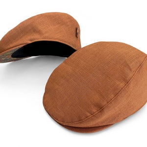 Men’s Flat Cap in Orange Linen & Color Cork | Vegan Hat | Handmade Gift for Stylish Men