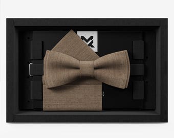 Men's Bow Tie Set Wedding, Silk Light Brown, with Pocket Square and Holder, Modern