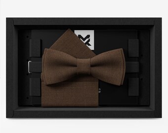 Men's Bow Tie Set Wedding, Silk Dark Brown, with Pocket Square and Holder, Modern