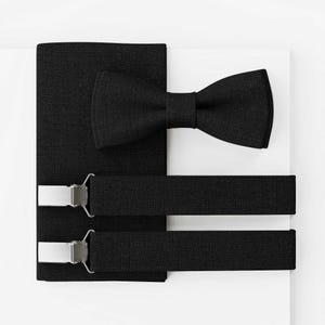 MAY-TIE Bow Tie Set | Black Bow Tie – Vegan, Modern | Linen Bow Tie for Weddings, Business, Events | Optional Pocket Square & Suspenders