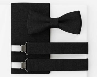 Men’s Bow Tie Set, Vegan Wedding Bow Tie, Black Linen Bow Tie, Optional with Pocket Square & Suspenders