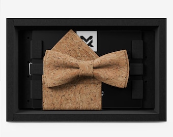 Men's Bow Tie Set Wedding, Cork Canyon Natural Beige, with Pocket Square and Holder, Modern
