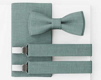 MAY-TIE Men’s Bow Tie Set | Vegan Wedding Bow Tie | Eucalyptus Green Linen Bow Tie | Optional with Pocket Square & Suspenders
