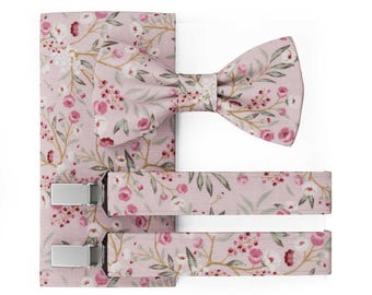 MAY-TIE Men’s Bow Tie | Vegan Pre-Tied Wedding Bow Tie | Classic Bow Tie with Pink White Roses | Set with Pocket Square & Suspenders