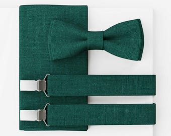 Men’s Bow Tie Set, Vegan Wedding Bow Tie, Petrol Green Linen Bow Tie, Optional with Pocket Square & Suspenders