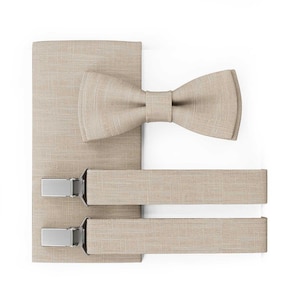 MAY-TIE Men’s Bow Tie Set | Vegan Pre-Tied Wedding Bow Tie | Beige Linen Bow Tie | Optional with Pocket Square & Suspenders