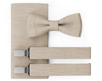 MAY-TIE Men’s Bow Tie Set | Vegan Pre-Tied Wedding Bow Tie | Beige Linen Bow Tie | Optional with Pocket Square & Suspenders
