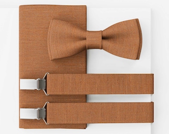 Men’s Bow Tie Set, Vegan Wedding Bow Tie, Orange Linen Bow Tie, Optional with Pocket Square & Suspenders