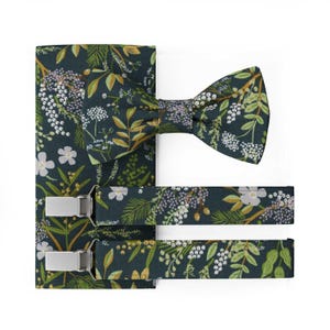 MAY-TIE Men’s Bow Tie | Vegan Pre-Tied Wedding Bow Tie | Classic Bow Tie with Green White Wildflowers | Set with Pocket Square & Suspenders