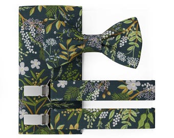 MAY-TIE Men’s Bow Tie | Vegan Pre-Tied Wedding Bow Tie | Classic Bow Tie with Green White Wildflowers | Set with Pocket Square & Suspenders