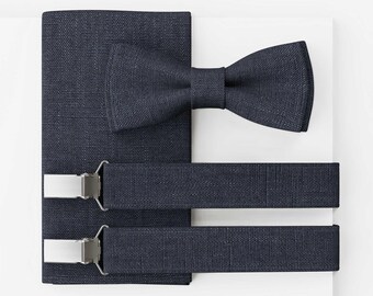 MAY-TIE Men’s Bow Tie Set | Vegan Wedding Bow Tie | Blue Linen Bow Tie | Optional with Pocket Square & Suspenders