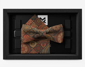 Men's Bow Tie Set Wedding, Cork Mediterranean Ornament, with Pocket Square and Holder, Colorful