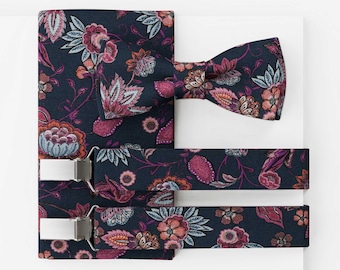 MAY-TIE Men’s Bow Tie Set | Modern Vegan Wedding Bow Tie | Cotton Floral Blue Lilac | Optional with Pocket Square & Suspenders