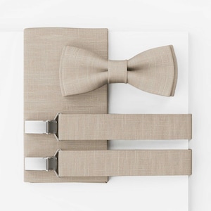 MAY-TIE Heren Strikdas Set | Veganistische Trouwstrikdas, Modern | Linnen Strikdas, Natuurlijk Beige | Optioneel Pochet & Bretels