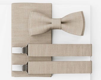 MAY-TIE Men’s Bow Tie Set | Vegan Wedding Bow Tie | Natural Beige Linen Bow Tie | Optional with Pocket Square & Suspenders