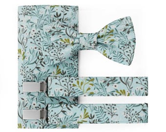 MAY-TIE Men’s Bow Tie | Vegan Pre-Tied Wedding Bow Tie | Classic Bow Tie with Eucalyptus Green Blossom | Set with Pocket Square & Suspenders