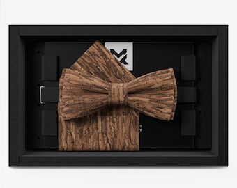 Men's Bow Tie Set Wedding, Cork Wood Brown, with Pocket Square and Holder, Boho