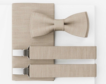 MAY-TIE Men’s Bow Tie Set | Vegan Wedding Bow Tie | Natural Beige Linen Bow Tie | Optional with Pocket Square & Suspenders