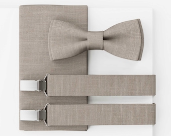 Men’s Bow Tie Set, Vegan Wedding Bow Tie, Grey Beige Linen Bow Tie, Optional with Pocket Square & Suspenders