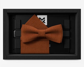 Men's Bow Tie Set Wedding, Silk Copper Orange, with Pocket Square and Holder, Modern
