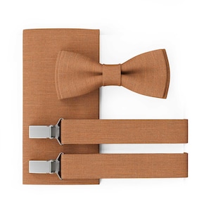 MAY-TIE Men’s Bow Tie Set | Vegan Pre-Tied Wedding Bow Tie | Orange Linen Bow Tie | Optional with Pocket Square & Suspenders