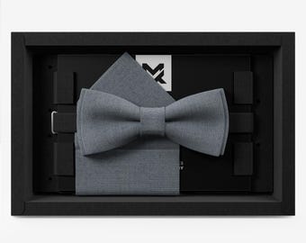 Men's Bow Tie Set Wedding, Silk Fog Blue, with Pocket Square and Holder, Modern