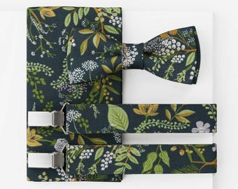MAY-TIE Men’s Bow Tie Set | Modern Vegan Wedding Bow Tie | Cotton Floral Green White | Optional with Pocket Square & Suspenders