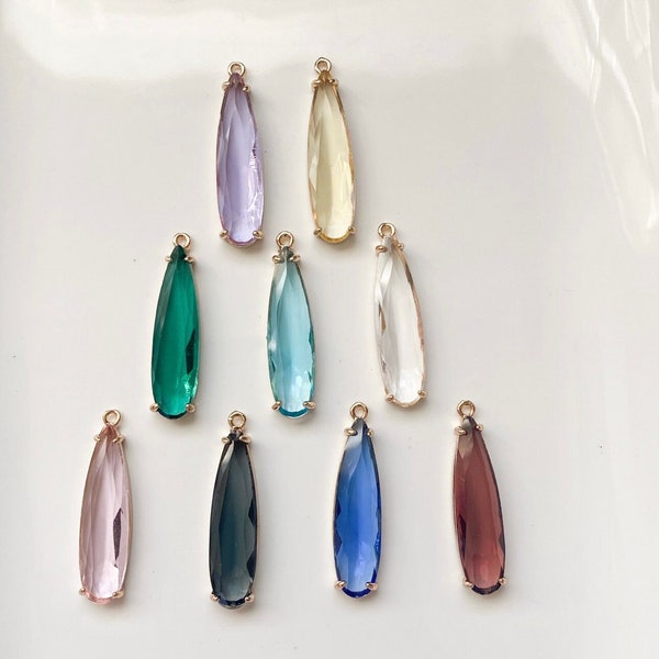 Long glass gold teardrop pendant, Glass connector charms, Gold charms for earrings, jewelry making charms,