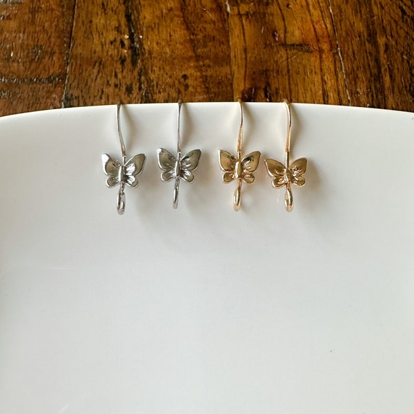 silver butterfly earring findings dangle, gold butterfly earrings hooks hypoallergenic, earring connectors for jewelry making, 14k gold
