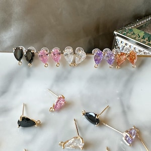 Teardrop glass earring posts, 18k gold plated, zirconia charms, cubic zirconia charms, cute charms for earrings, earring posts with loop